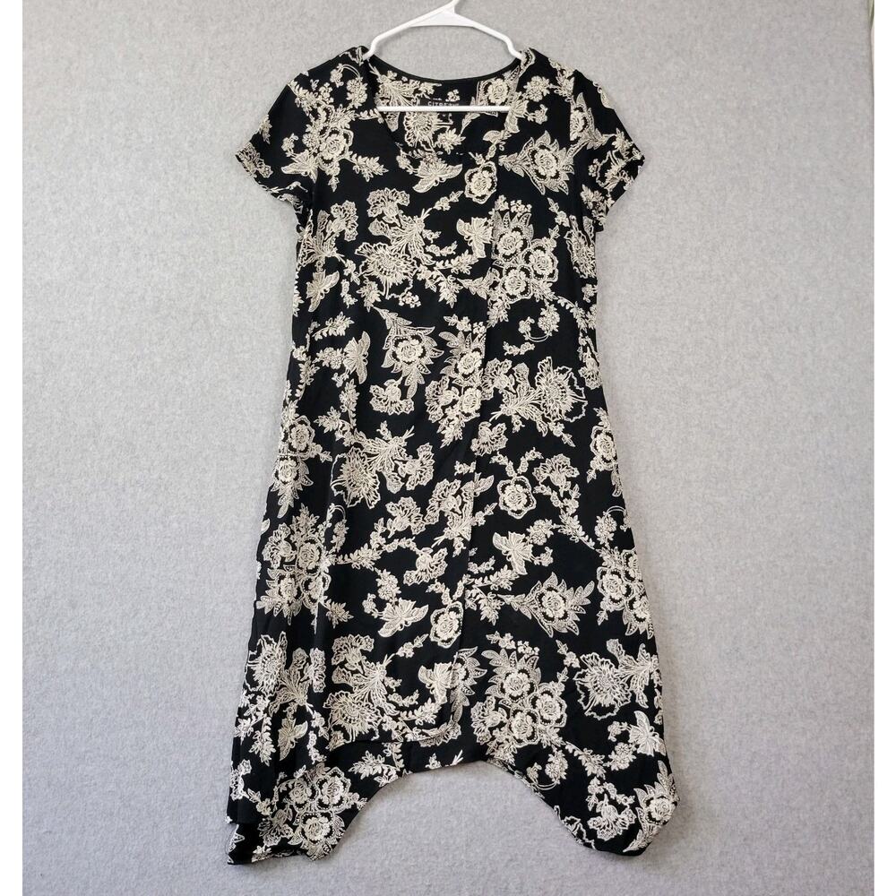 Citron Santa Monica Black Floral SS Faux Wrap Midi Shift Dress Medium Pockets - Picture 1 of 12